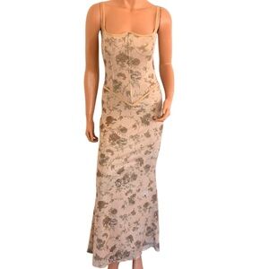Y2K Floral Mesh Corset Maxi Dress Nude Lined Lace Up Back Size Small Fairy Goth
